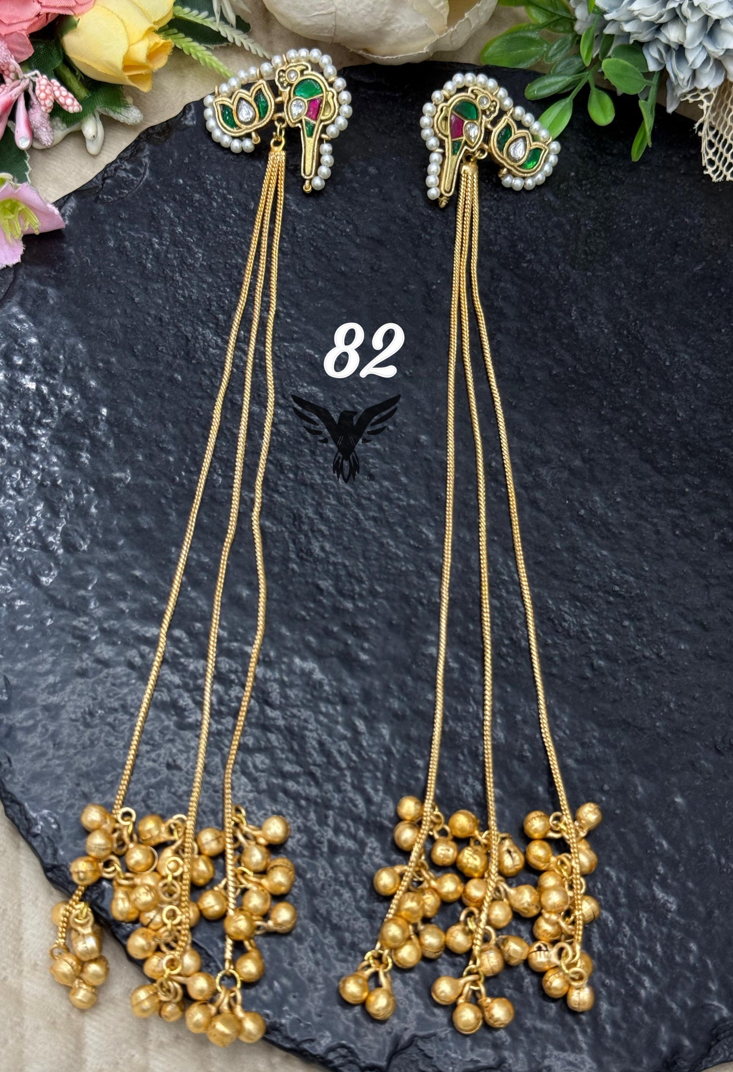 Kashmiri long earring in golden tone with chain string with bird and lotus for womens