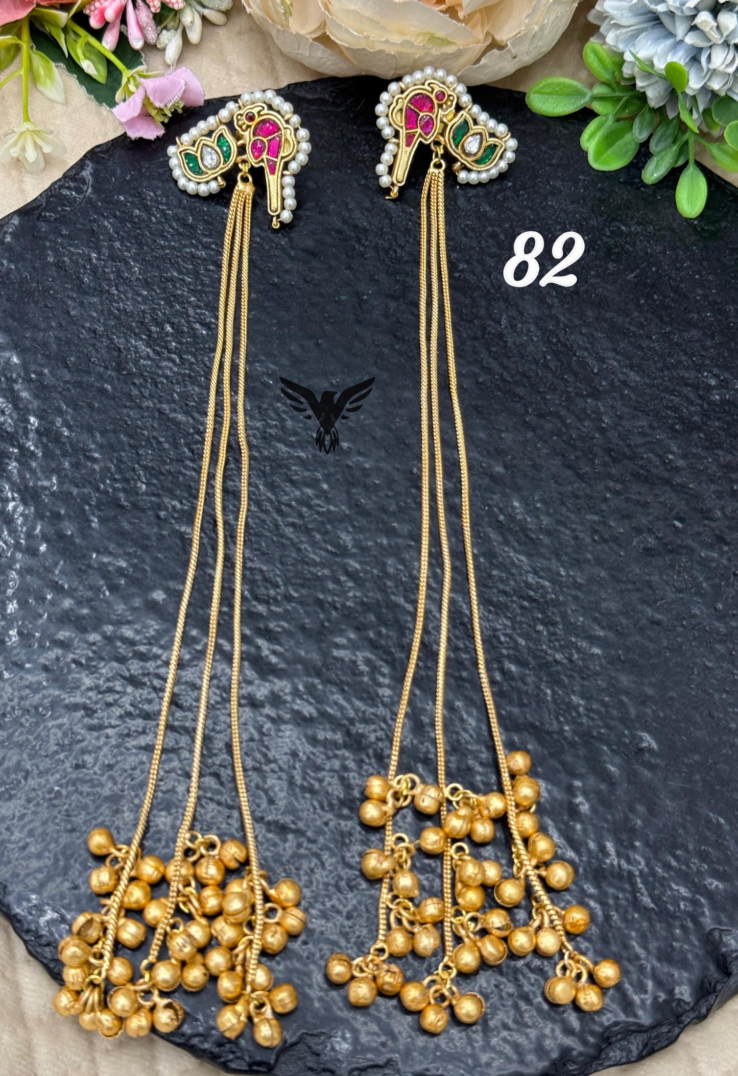 Kashmiri long earring in golden tone with chain string with bird and lotus in green for womens