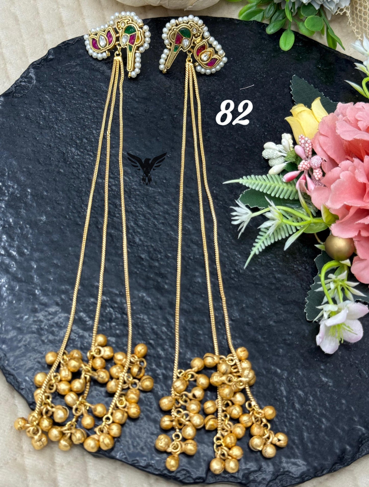 Kashmiri long earring in golden tone with chain string with bird and lotus in Ruby for womens (Copy)
