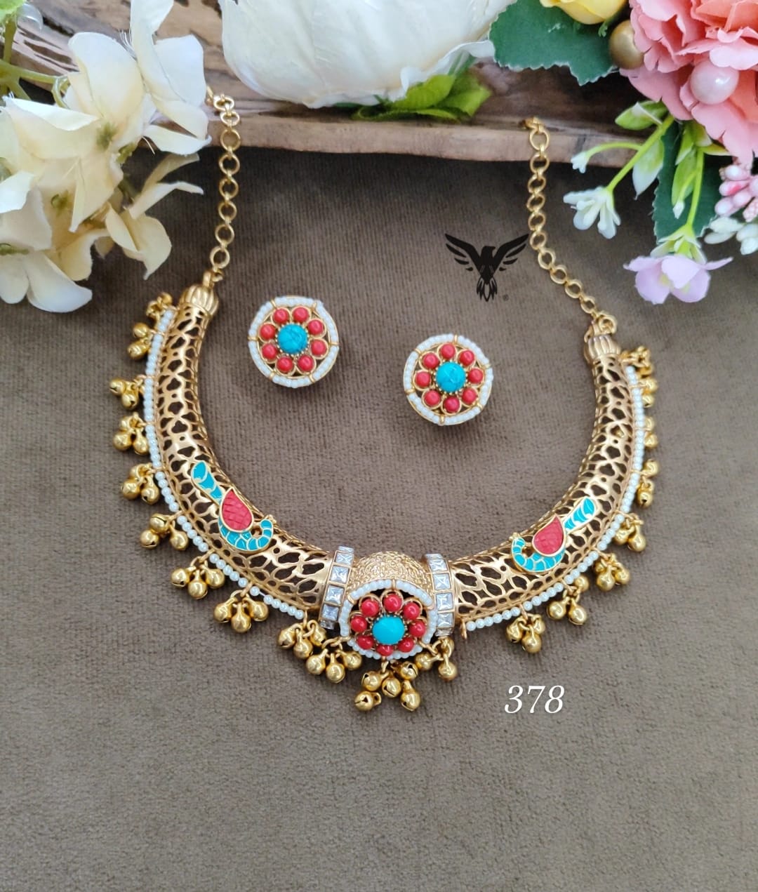 South indian gold and carved stone from Amrapali inspired collection in brass gold polish haslo for women