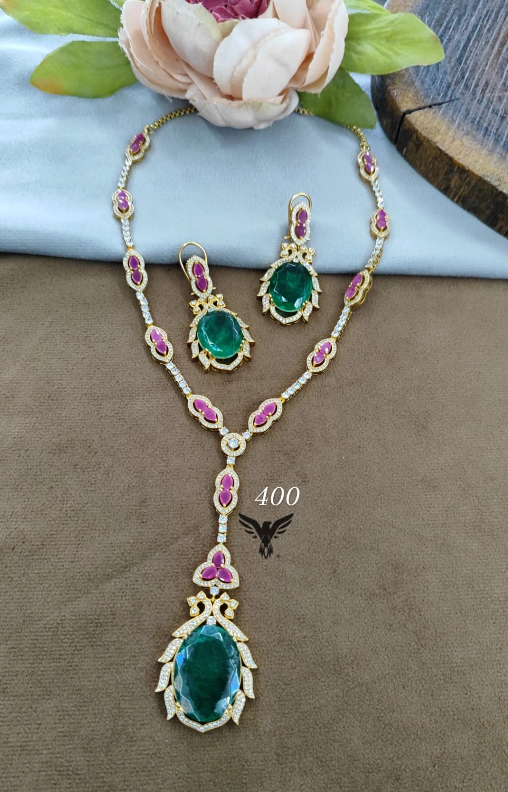 Gold plated with ruby and emerald green necklace for women