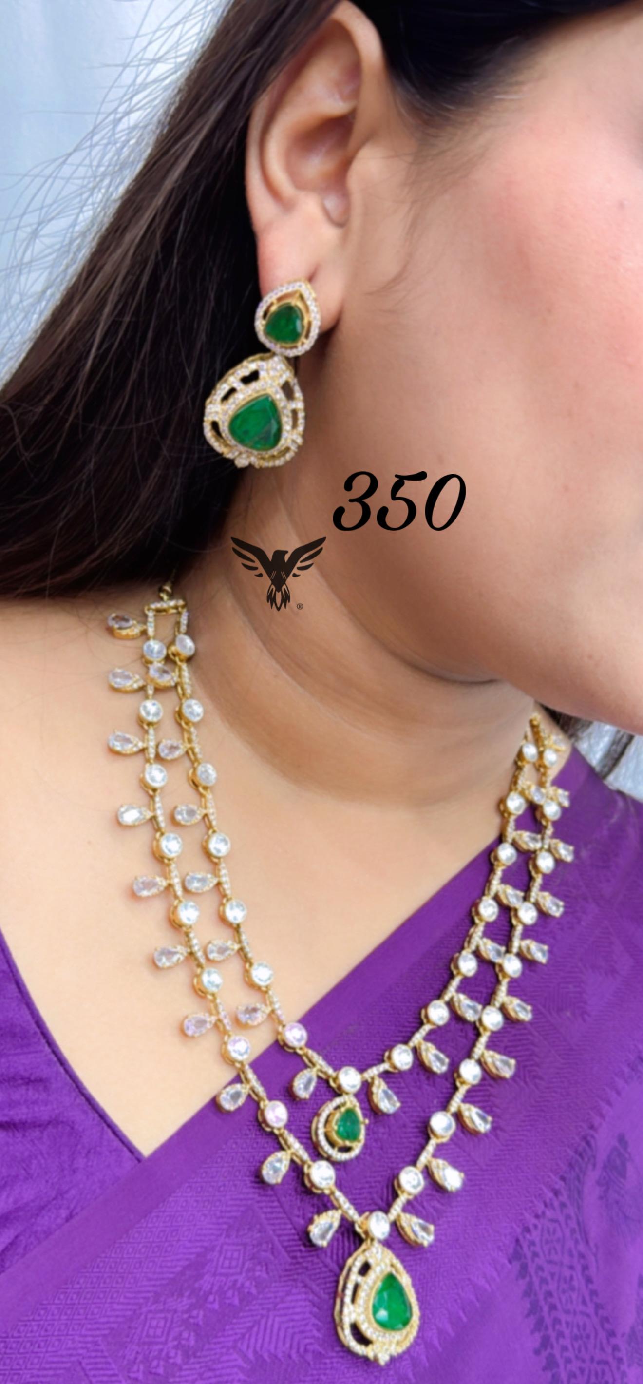 Green stones polki necklace three layered in emerald green for women