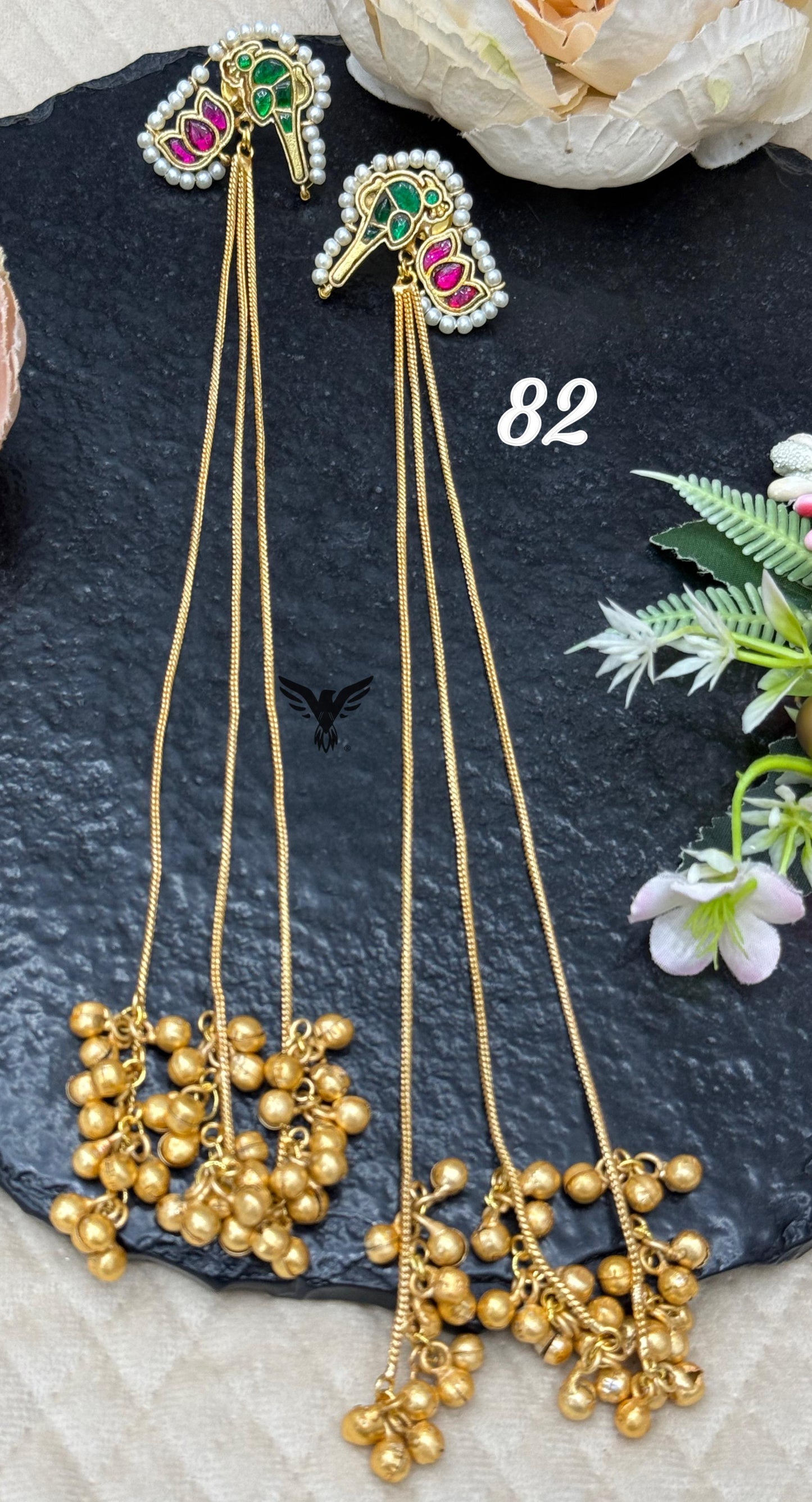 Kashmiri long earring in golden tone with chain string with bird and lotus in Multi for womens
