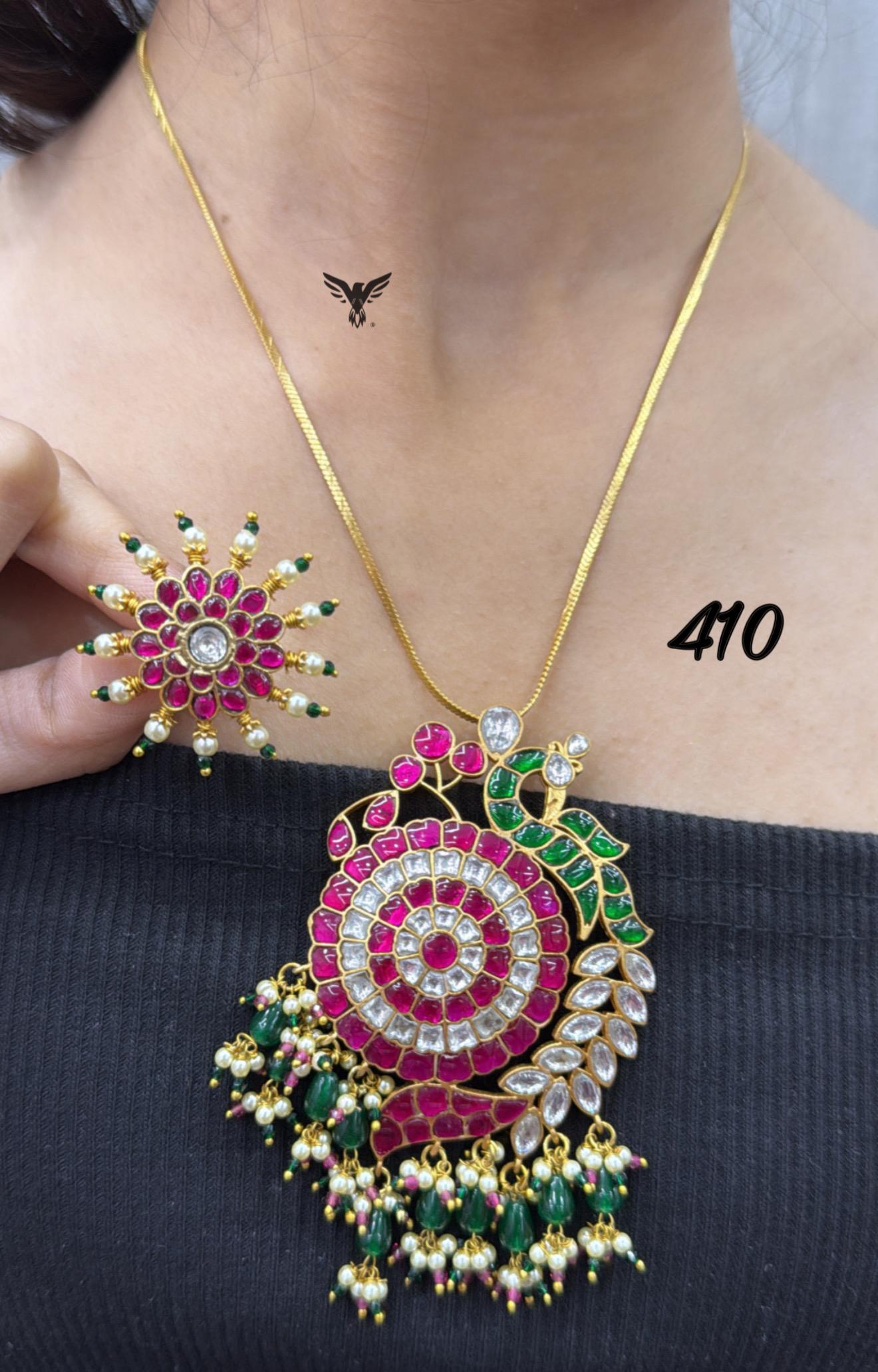 Peacock with mosanite with kemp stone pendent set in ruby for women