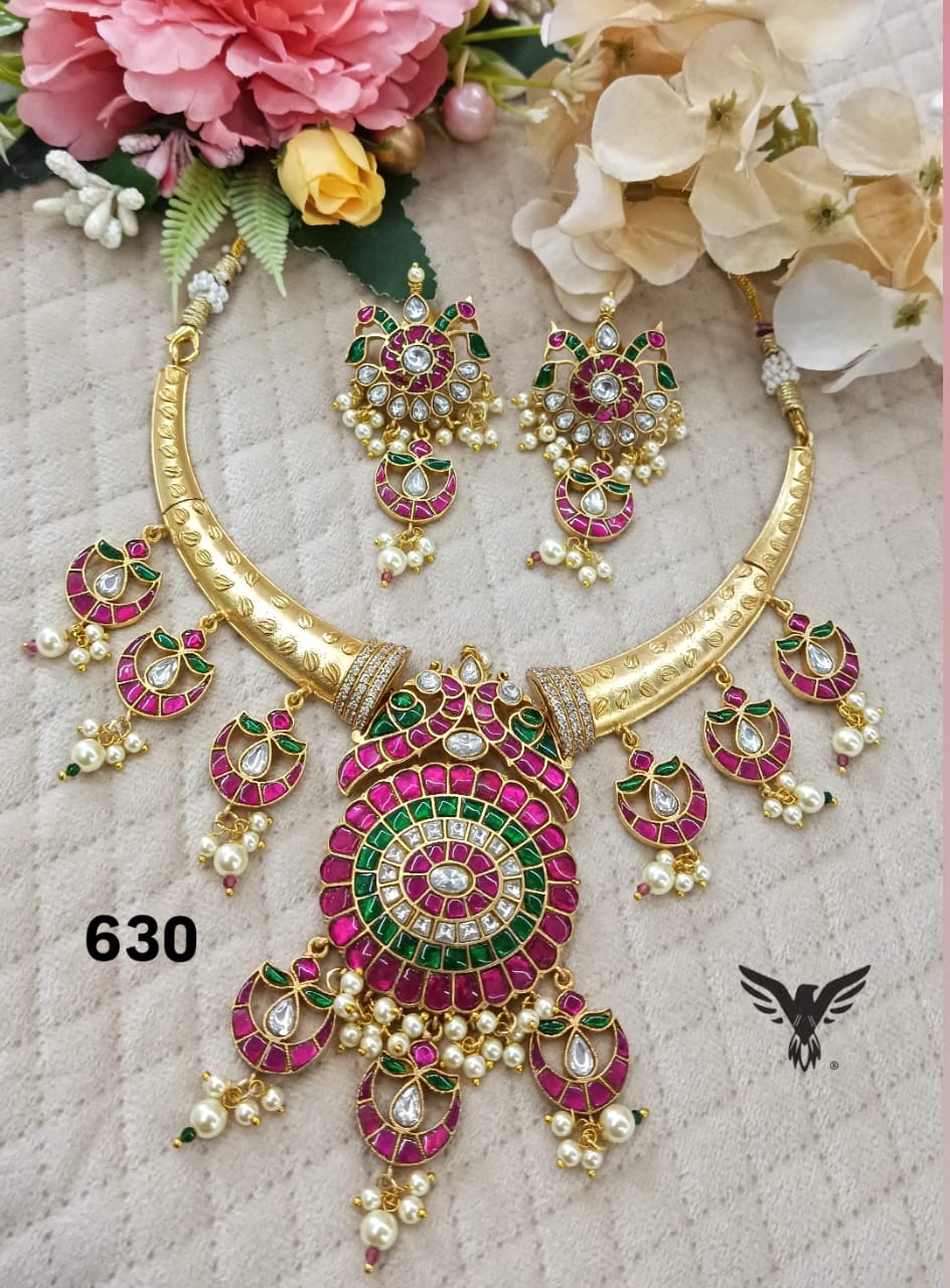 Hasli with peacock and kemp stones necklace in ruby for women
