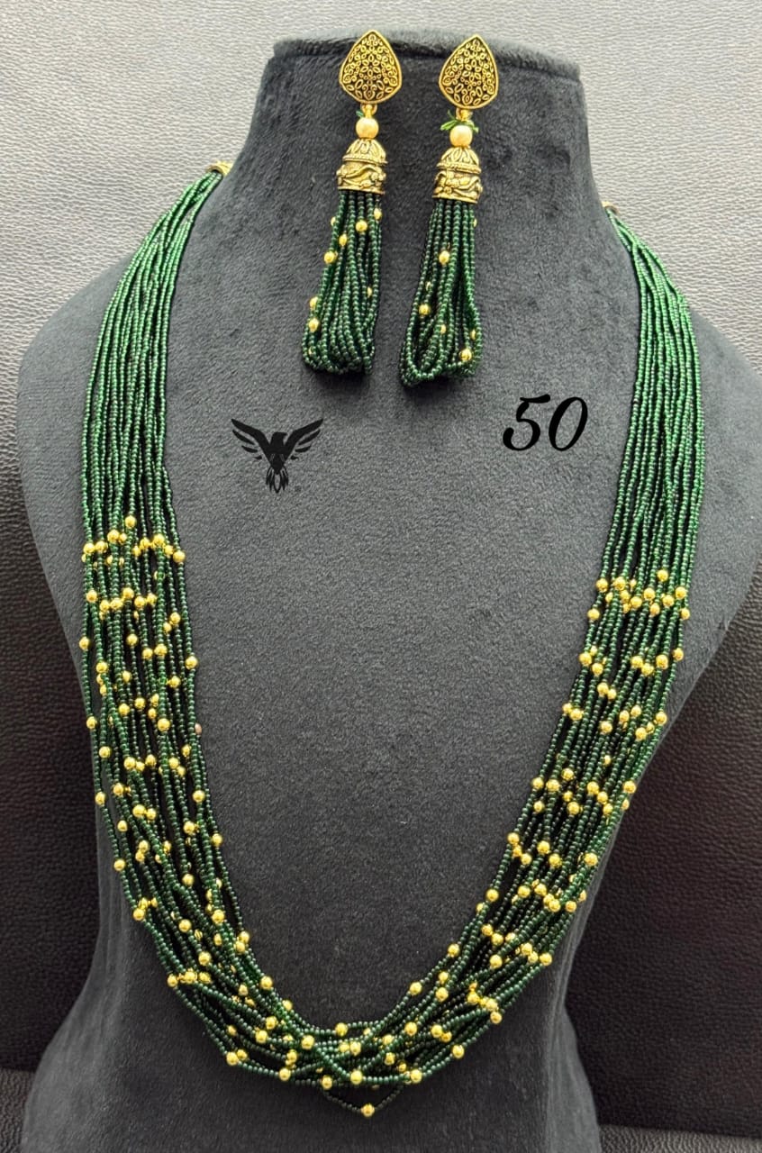 Multi layered with golden rice beads mala in green for women