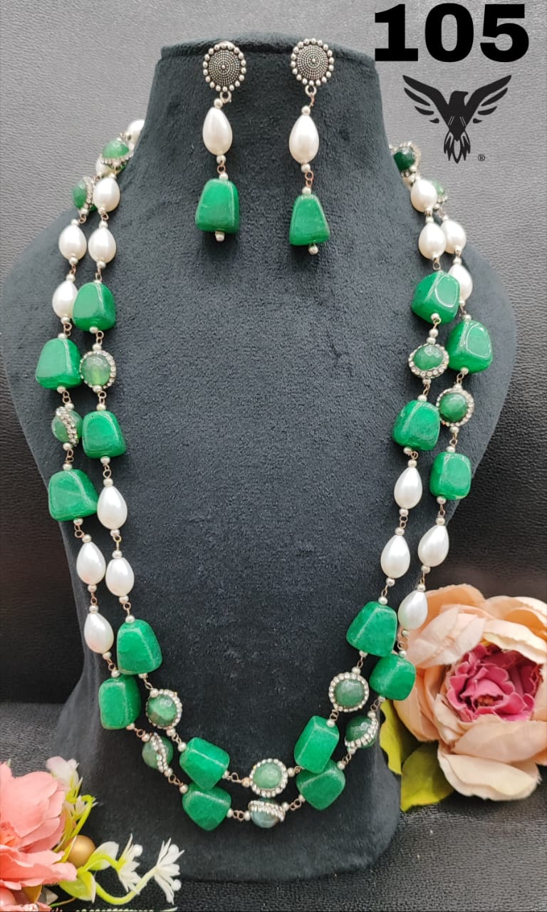 DOUBLE LAYERED MALA WITH COLOR STONES IN WHITE AND GREEN FOR WOMEN