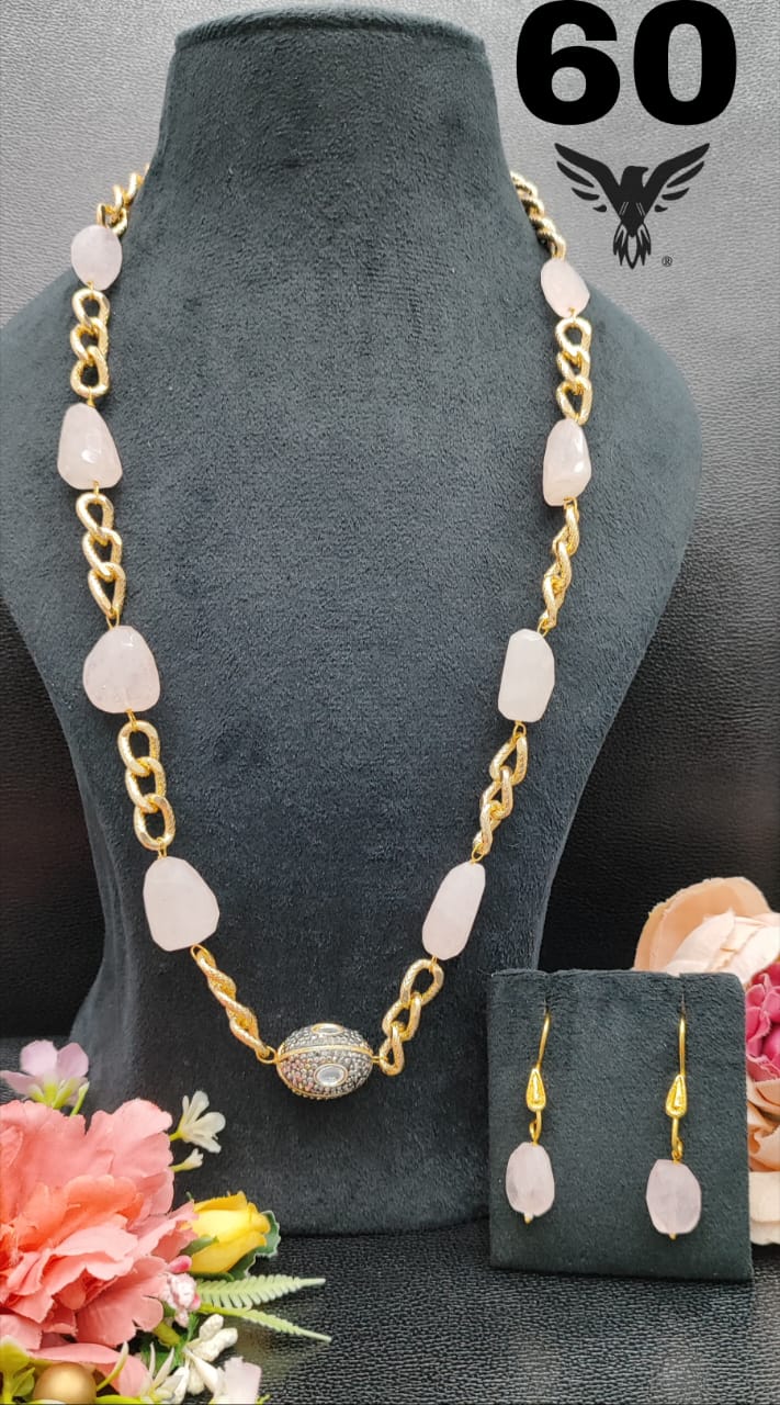 GOLDEN CHAIN WITH DUZY STONES MALA LITE BABY PINK FOR WOMEN