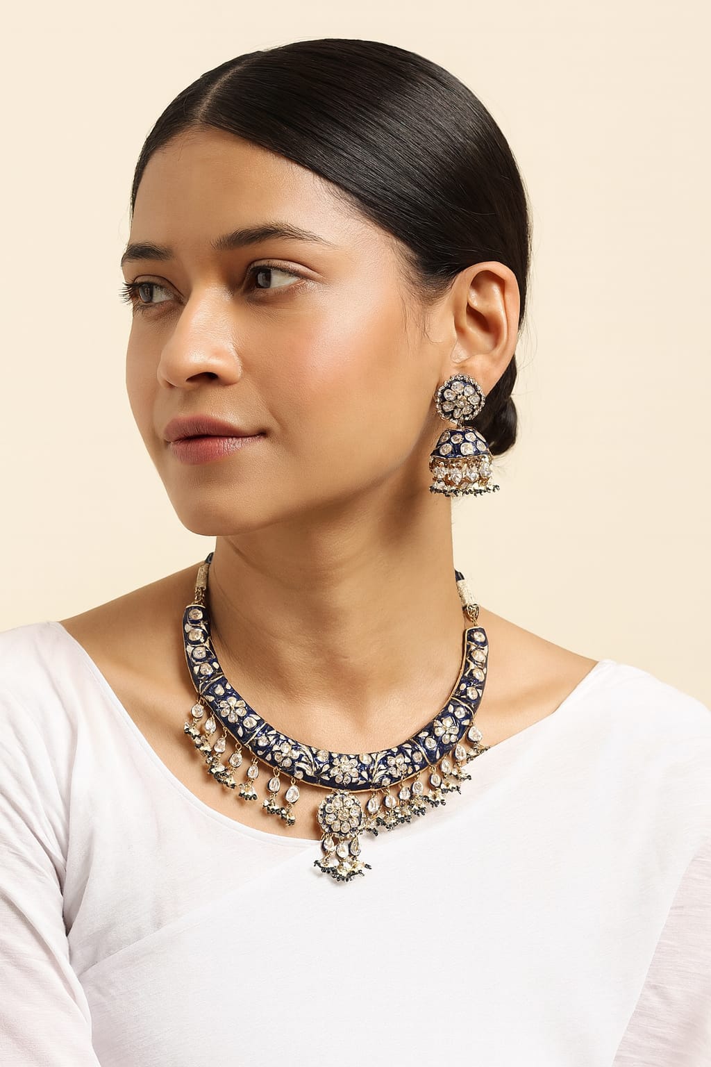 Meenakari hasli in blue with long kundan earrings for women