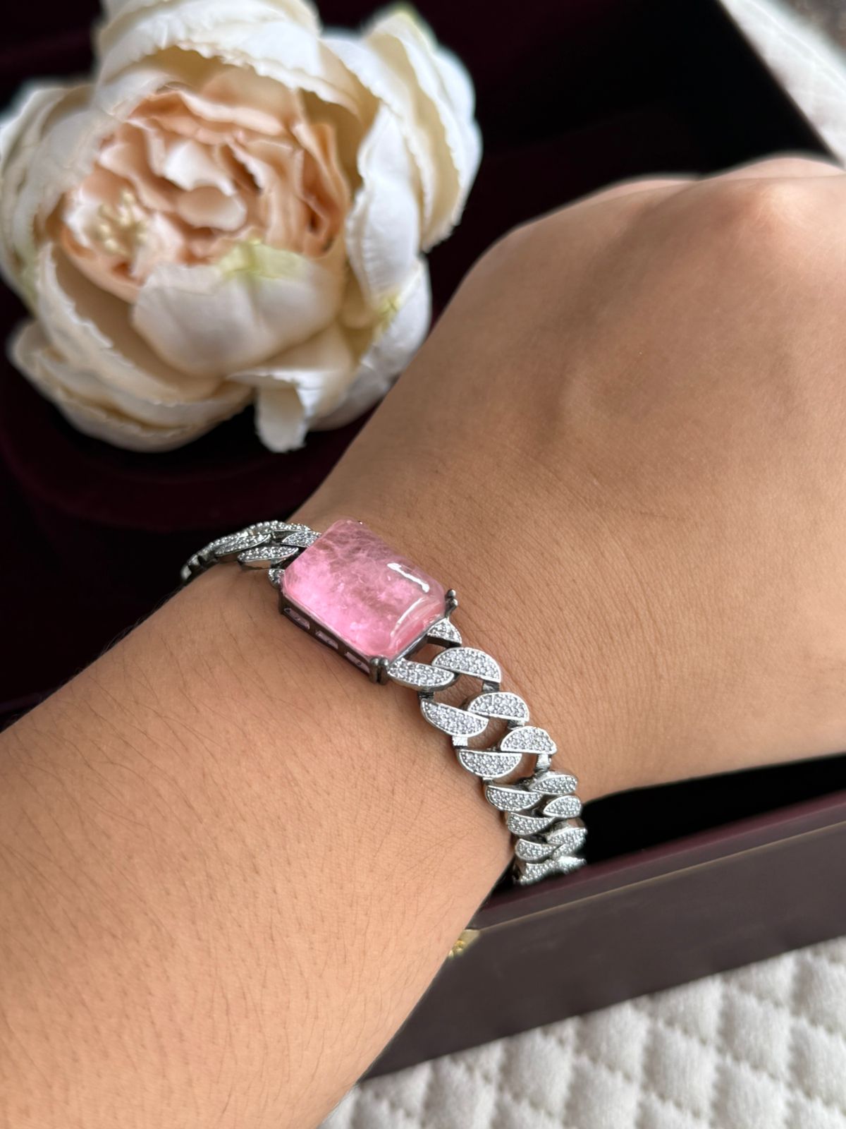 PINK CZ STONE WITH SILVER CHAIN BRACELET FOR WOMEN