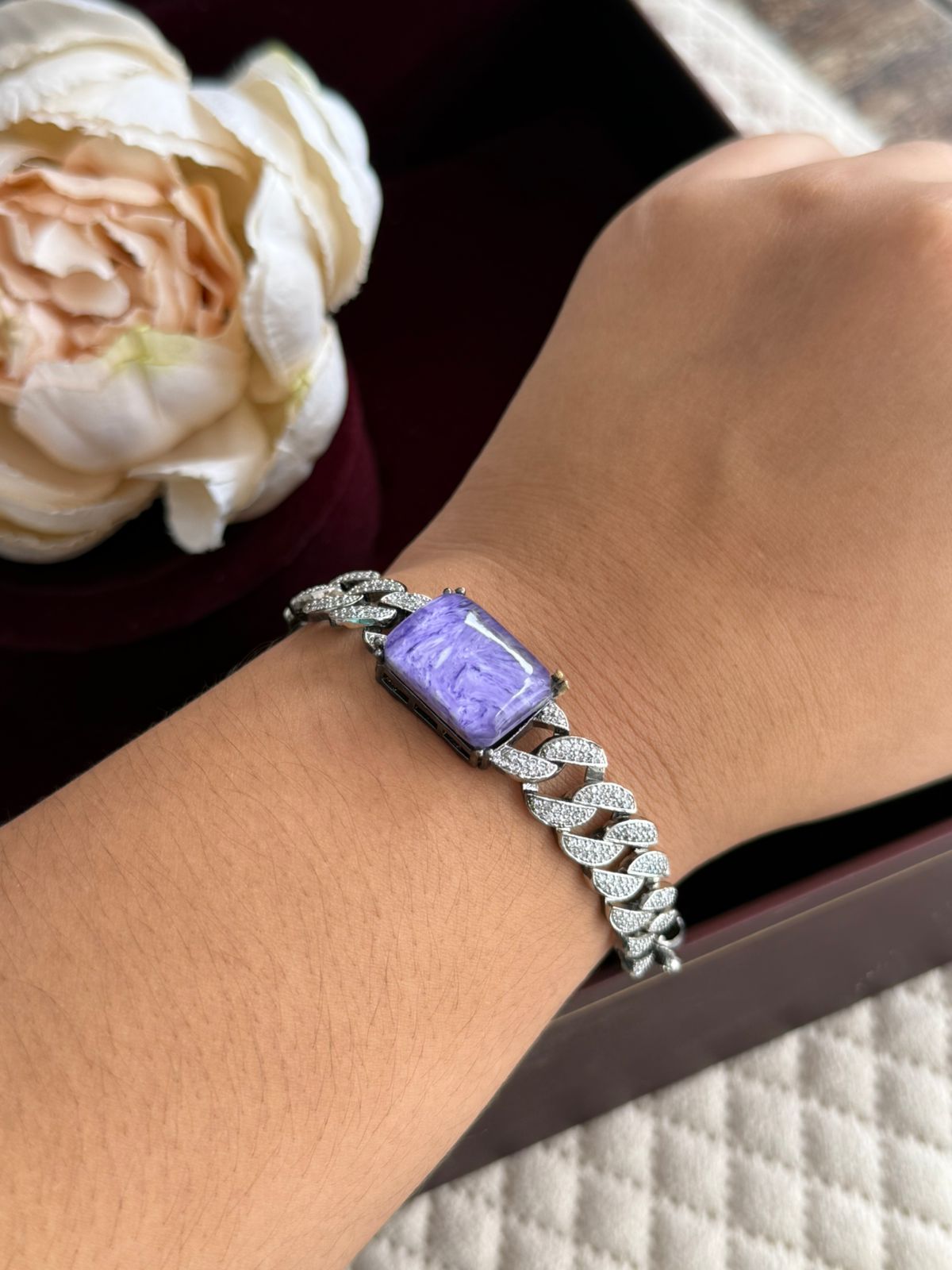 CZ STONE WITH PURPLE COLOUR SILVER CHAIN BRACELET FOR WOMEN