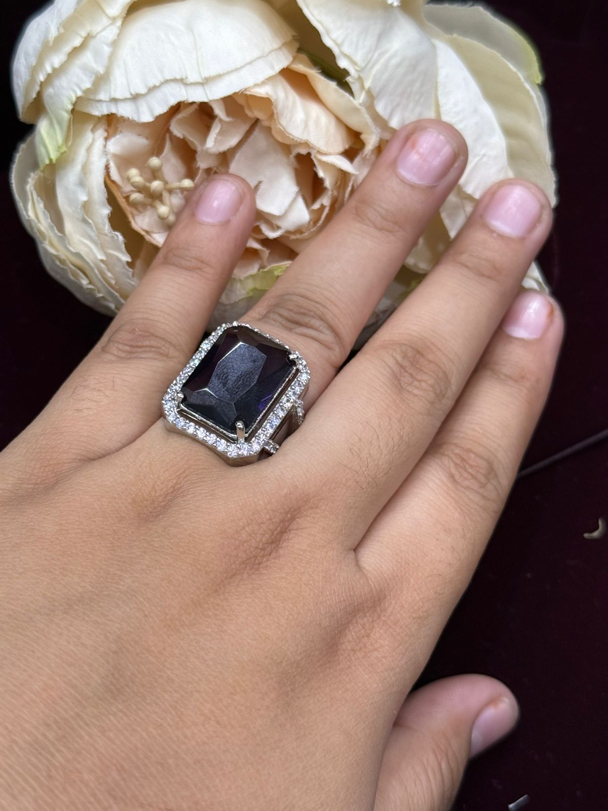 BLACK AD DIAMOND WITH SILVER POLISH RING FOR WOMEN