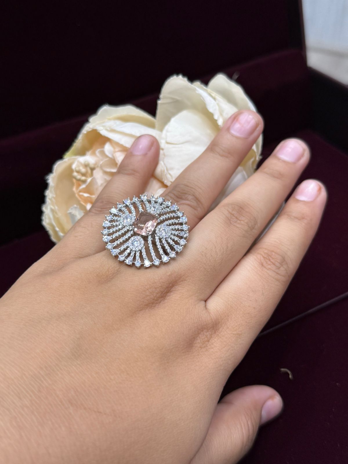 UNIQUE MINT PINK CZ STONE WITH SILVER POLISH RING FOR WOMEN