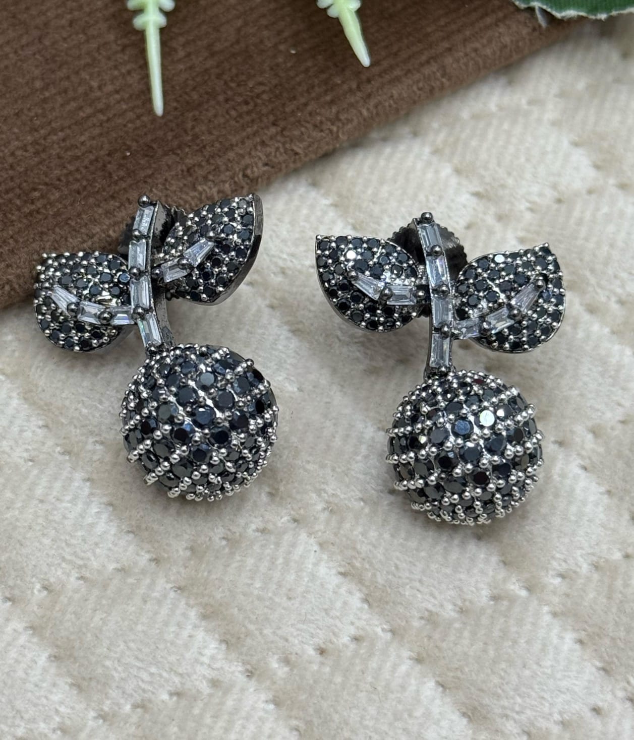 Black Crystal Ball & Leaf Drop Earrings