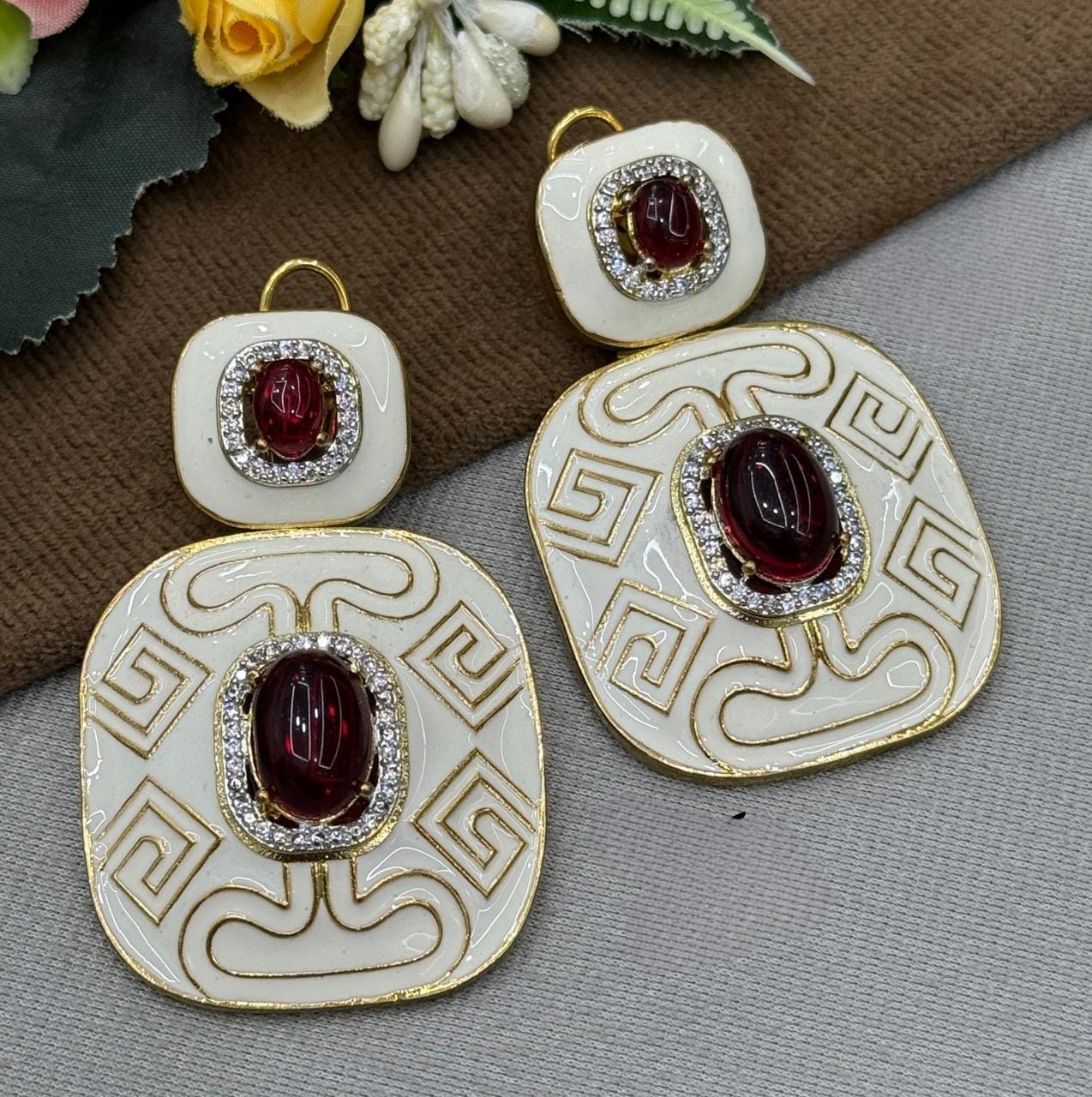 Vintage Greek Key Statement Earrings with Red Gemstone & Enamel Detailing
