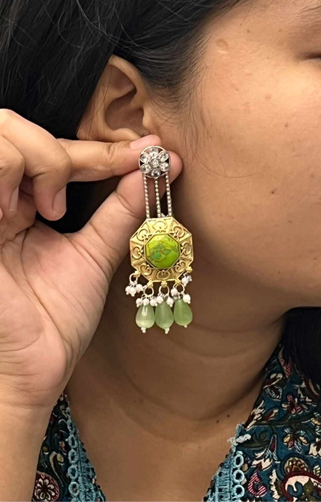 Designer Dual Tone Earrings with Mint Green Crystal and Beaded Drops