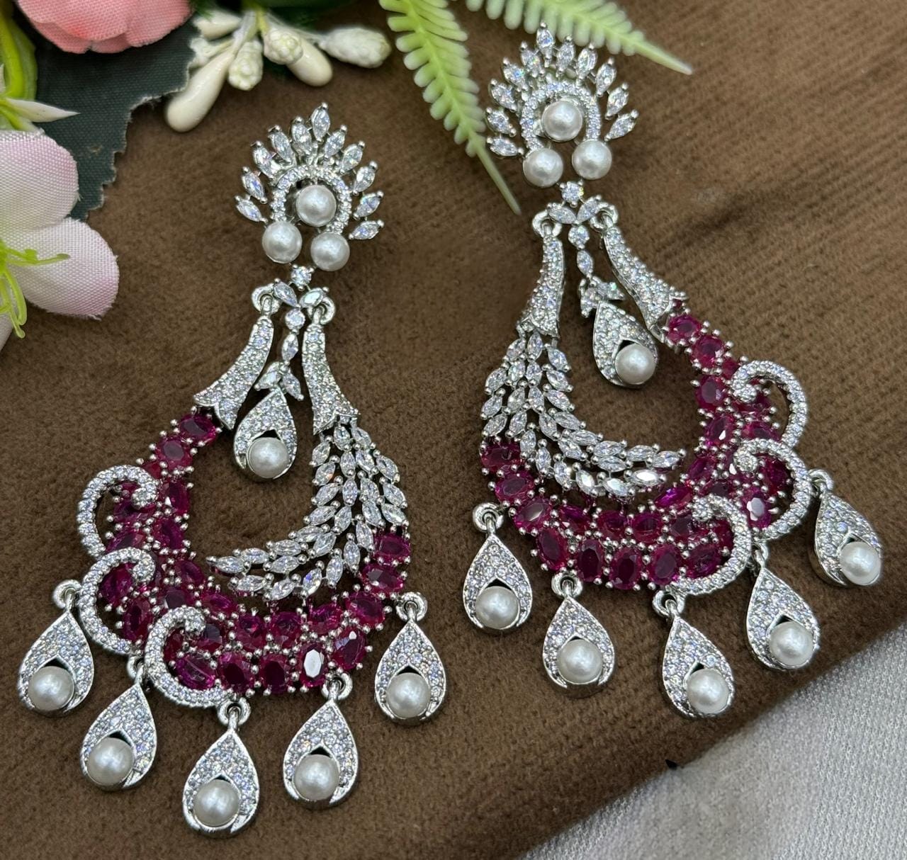 Ruby & Pearl Chandelier Earrings with CZ stone