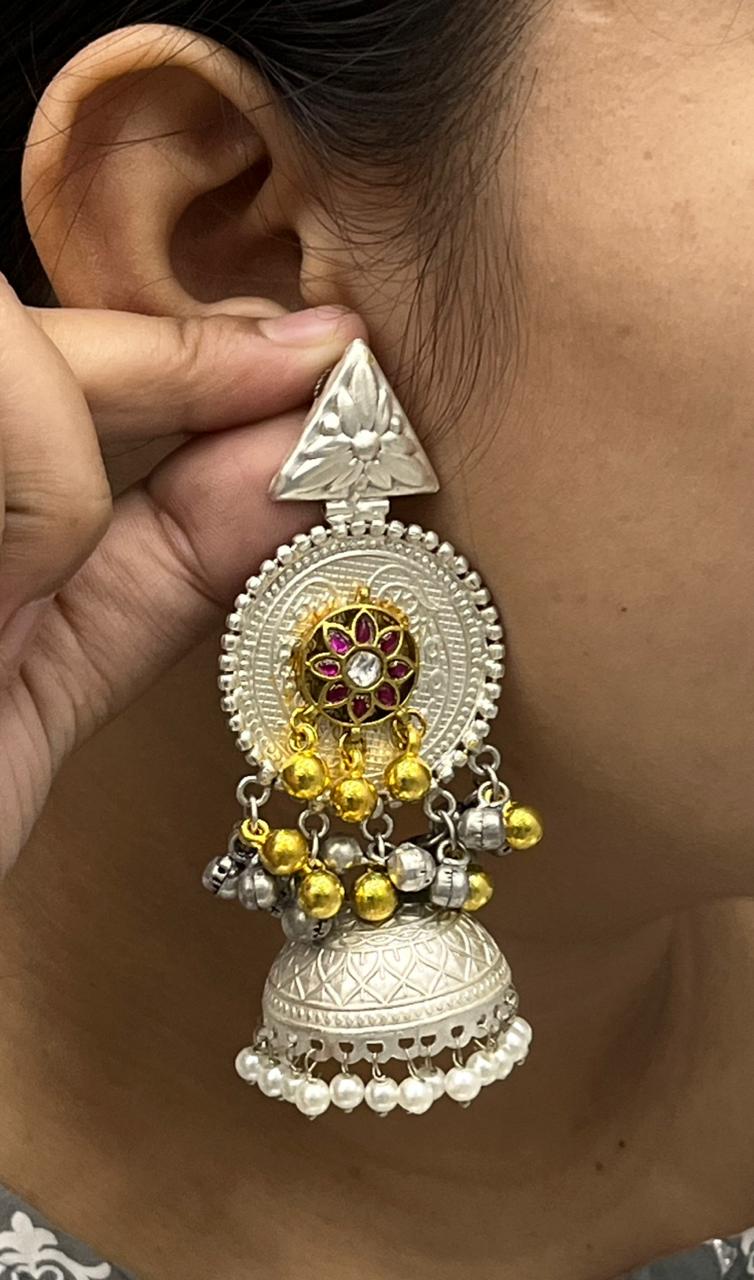 Ethnic Silver Earrings with Golden Beads, Pink Stone Floral Design & Pearl Drops