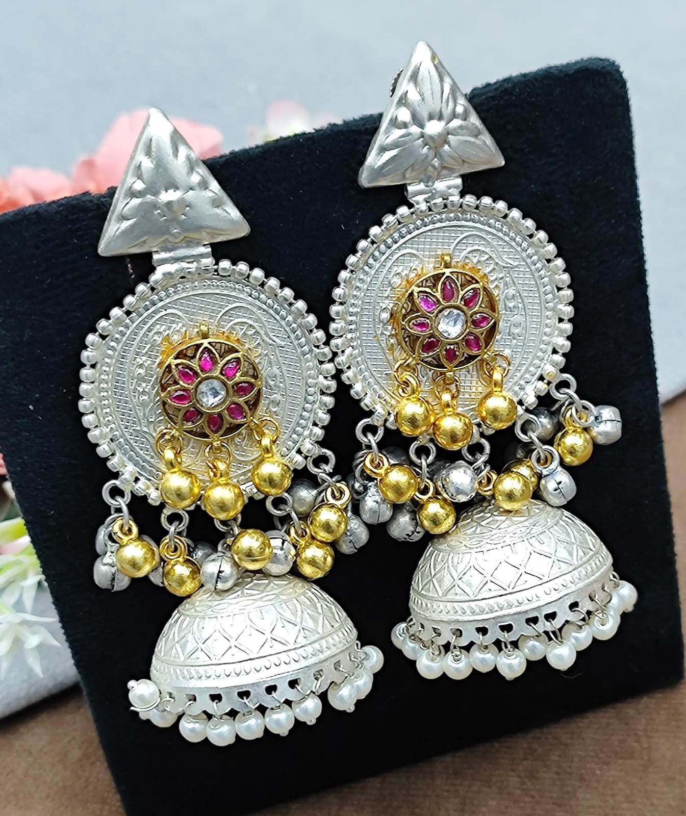 Ethnic Silver Earrings with Golden Beads, Pink Stone Floral Design & Pearl Drops