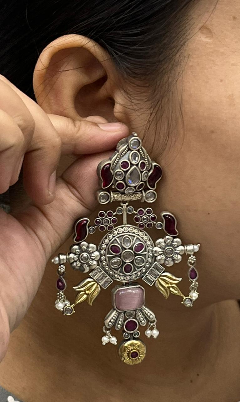 Oxidized Silver Long Earrings with Pink & Red Stones and Golden Stone