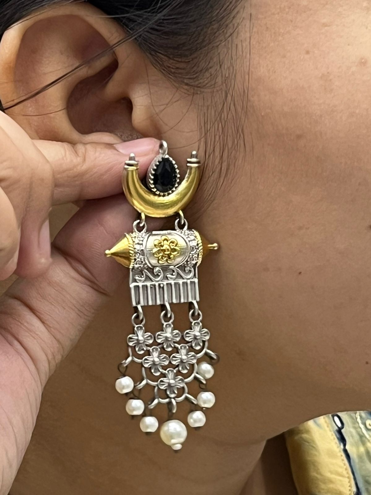 Oxidized Silver Statement Earrings with Black Stone & Pearl Danglers