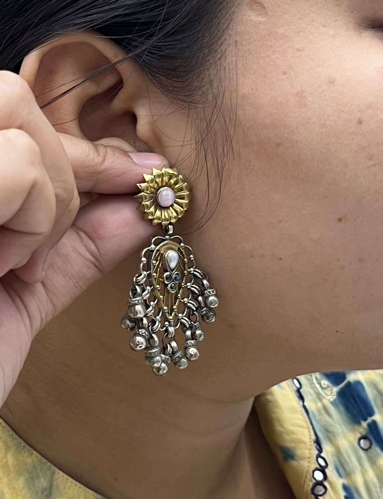 Antique Silver Oxidized Earrings with Floral Pink Stud & Ghungroo Bells