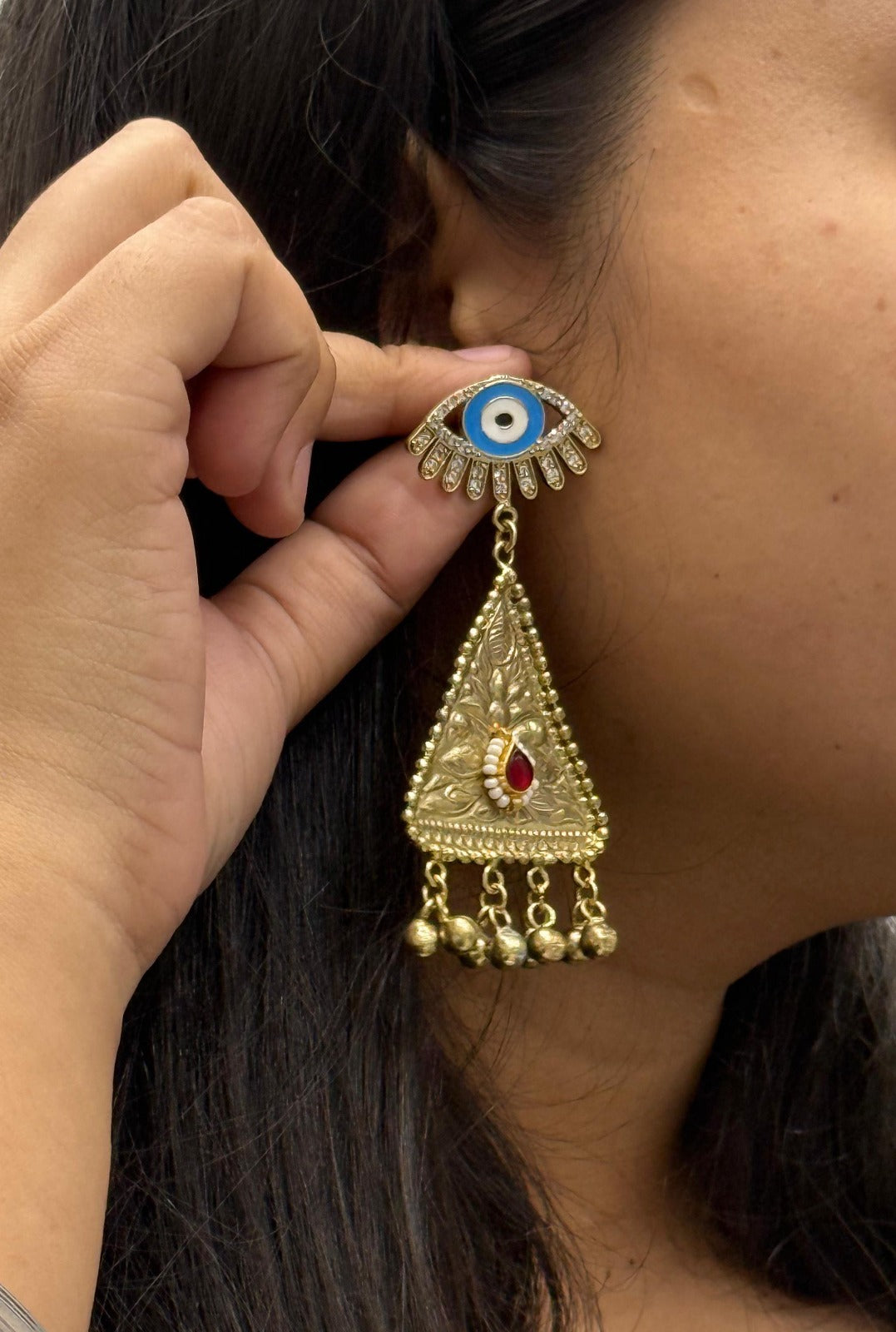 Unique Evil Eye Statement Earrings with Gold Triangle & Beaded Danglers
