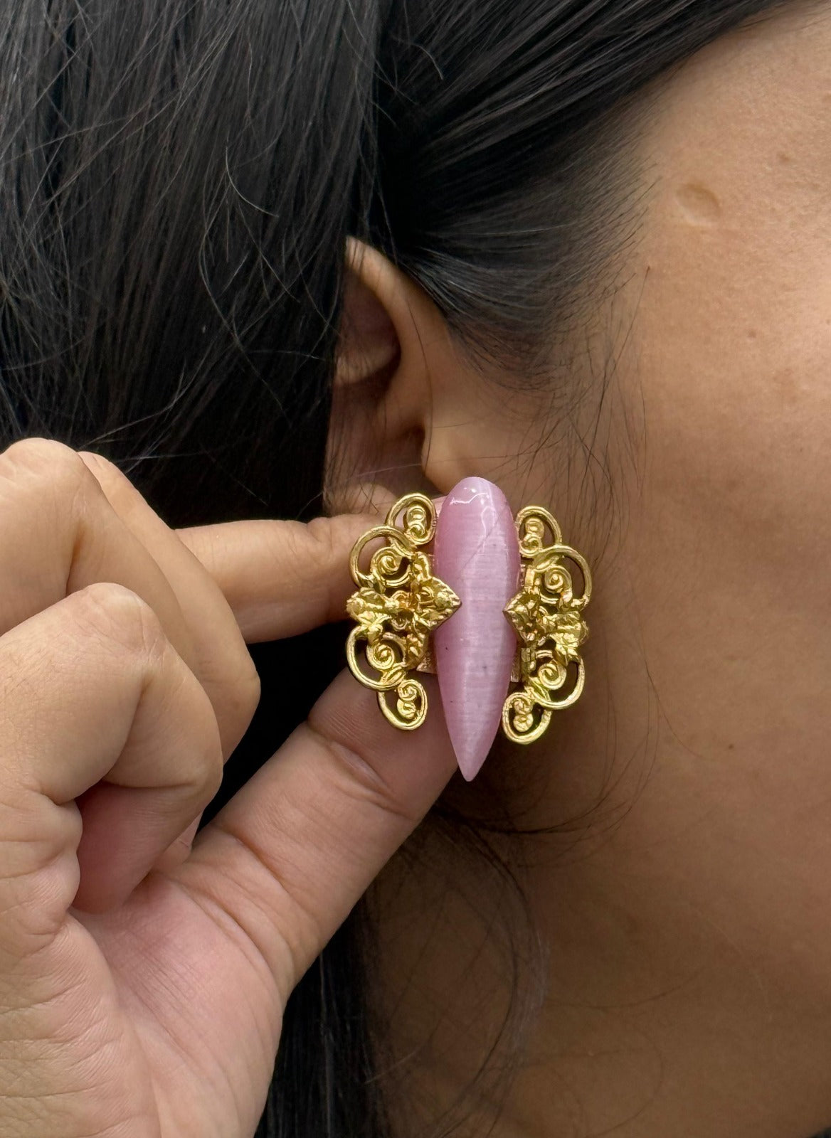 Elegant Pink Stone Earrings with Antique Gold Floral Design