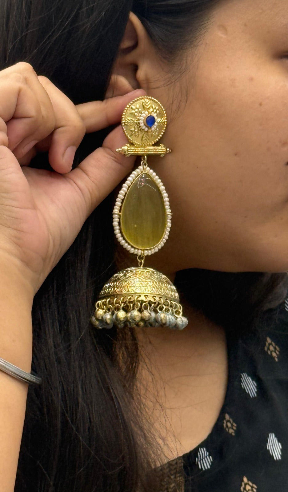 Gold-Plated Jhumka Earrings with Yellow Stone & Pearl Detailing