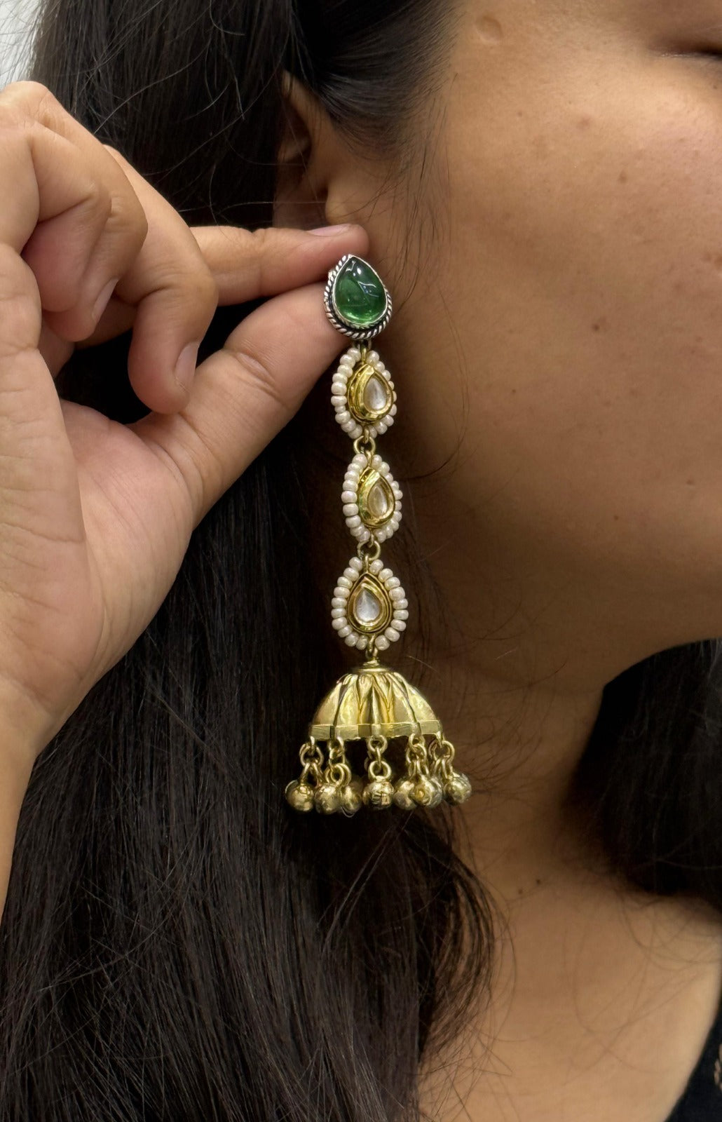Gold-Plated Green Stone Jhumka Earrings with Kundan & Pearl Detailing