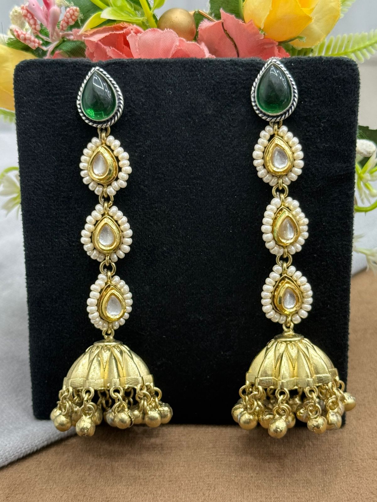 Gold-Plated Green Stone Jhumka Earrings with Kundan & Pearl Detailing
