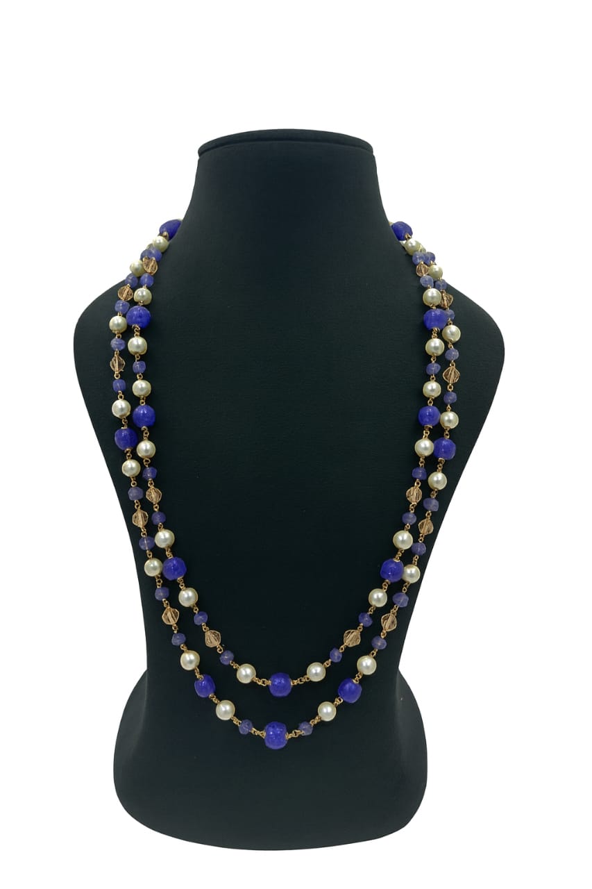 Elegant Long Two Layer Royal Blue Beaded & Pearl Mala For Women