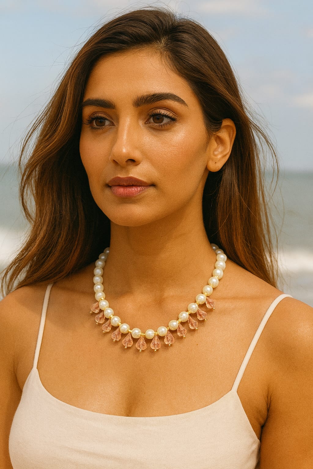 Unique White Pearls with Mint Drop Beads Choker Style Mala