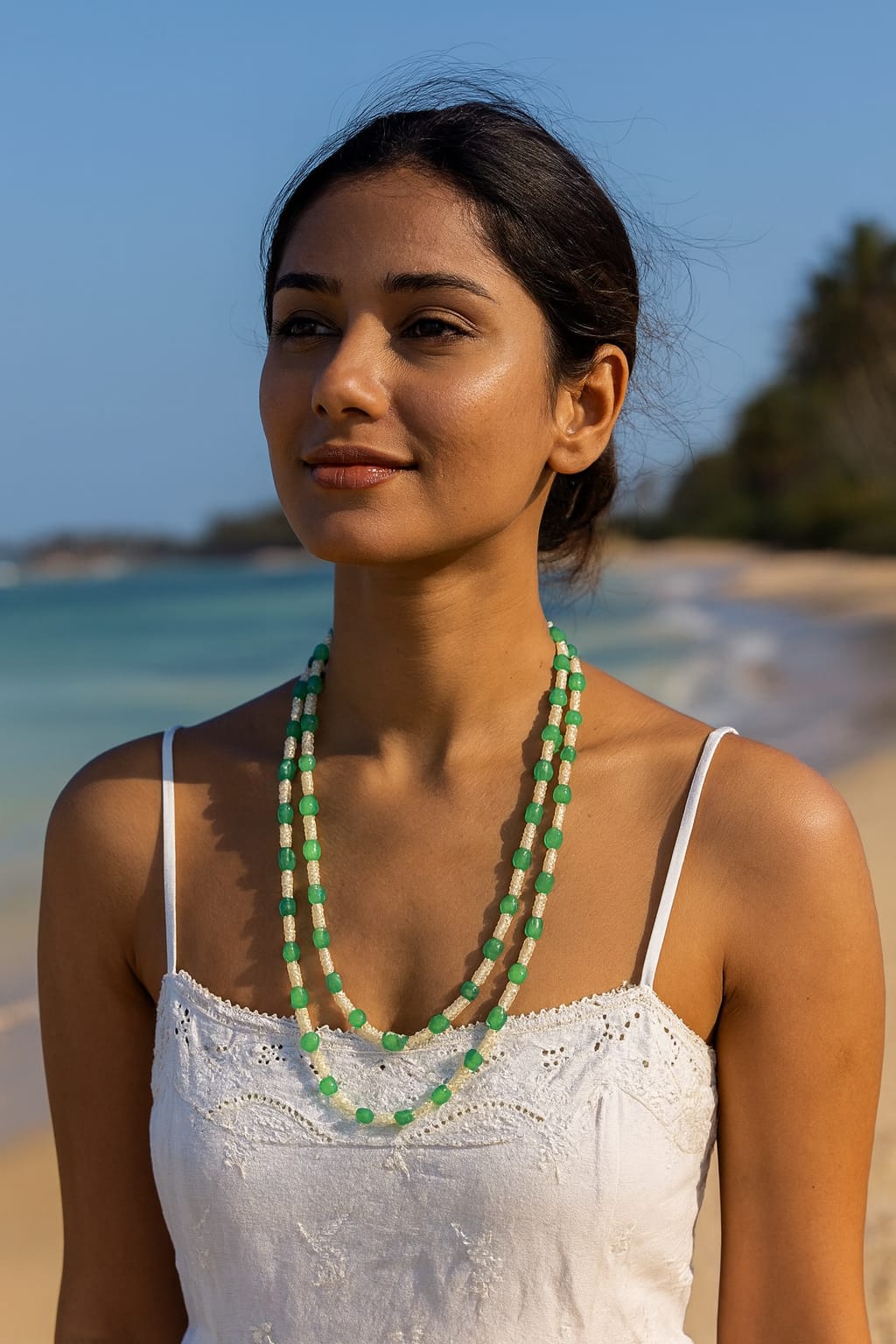 Dual Layer Green Beaded Mala with White Beads For Women