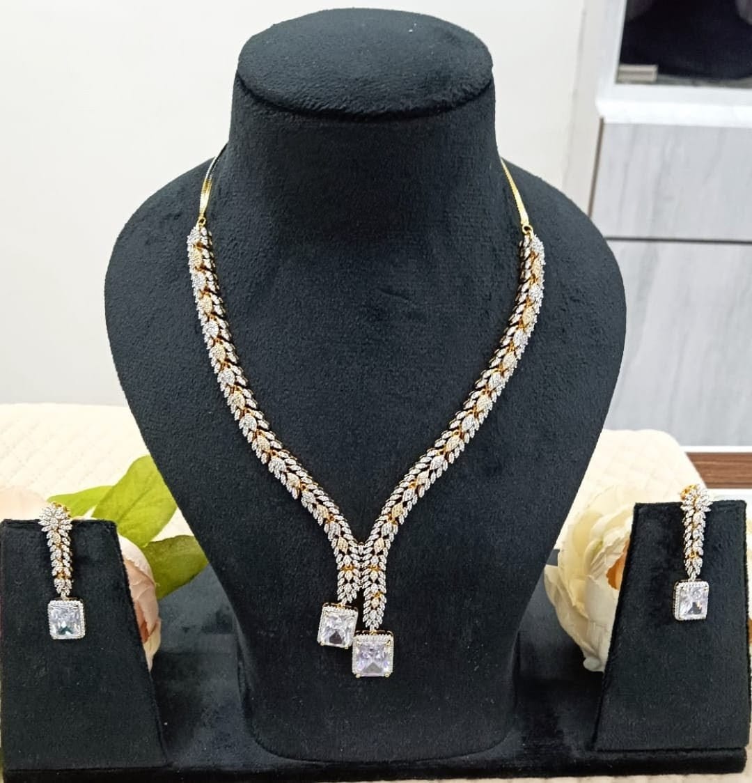 Elegant Gold & Silver Leaf Design CZ Stone Necklace With Earrings Set