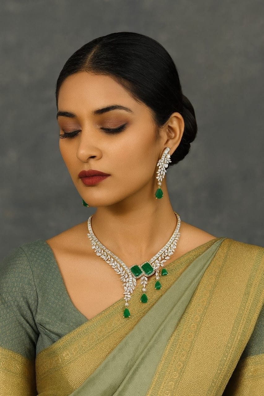 Designer Green Emerald-Cut CZ Necklace & Earrings Set