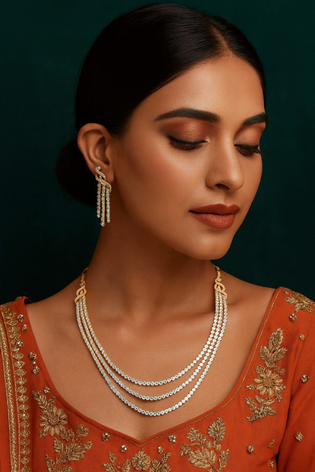 Gold & Silver Triple Layer CZ Necklace Set with Earrings