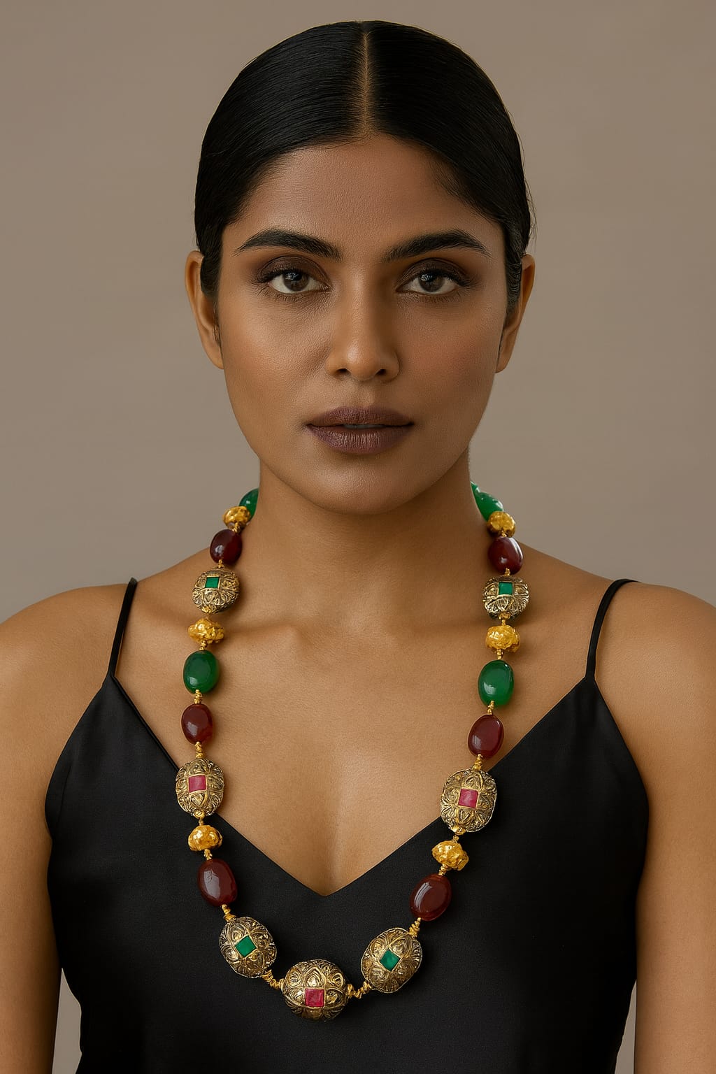 Antique Gold-Toned Beaded mala with Red & Green beads