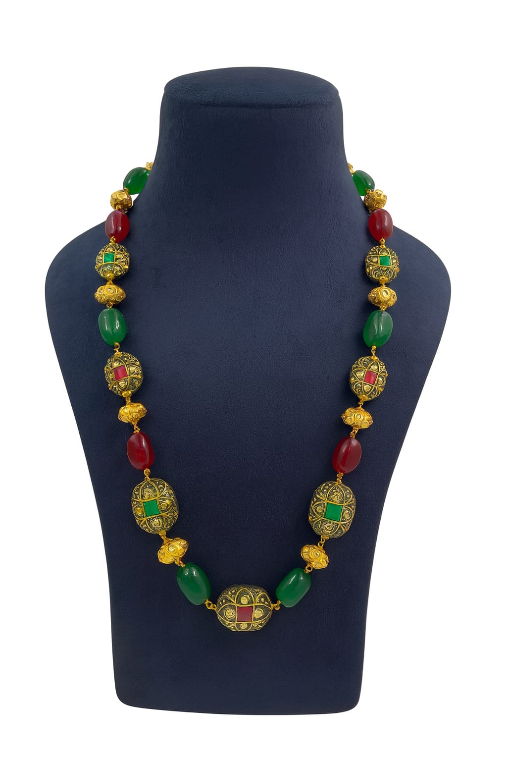 Antique Gold-Toned Beaded mala with Red & Green beads