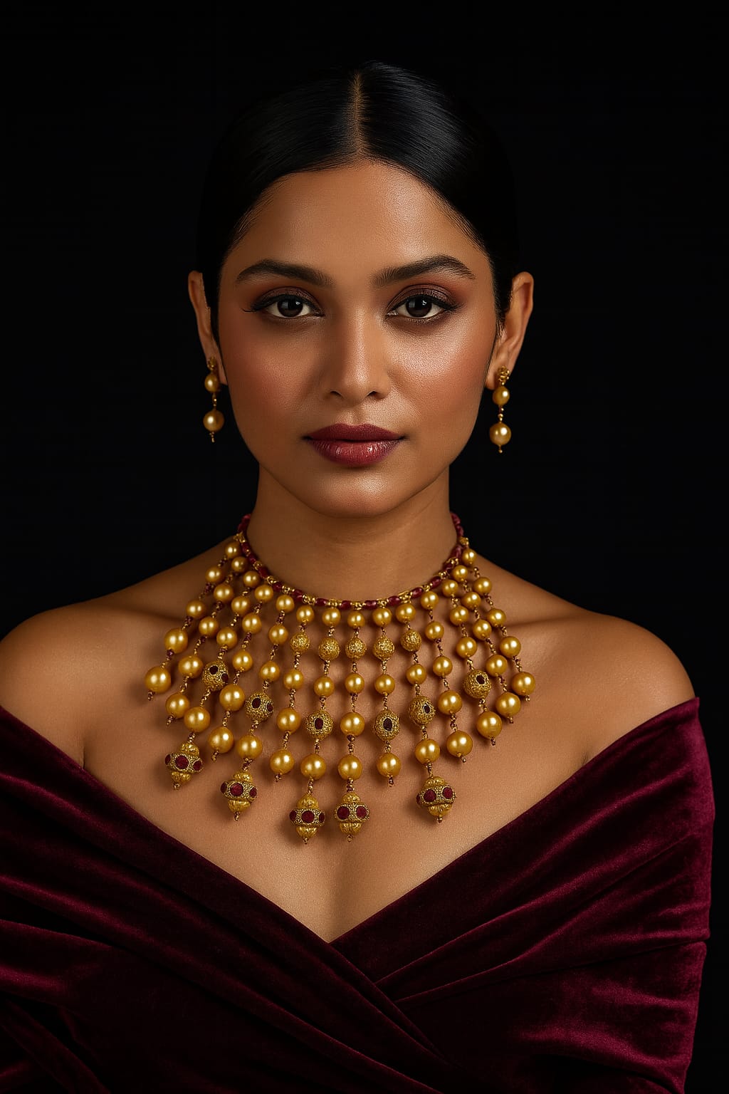 Antique Gold Pearl Kundan mala with red Beads & Earrings