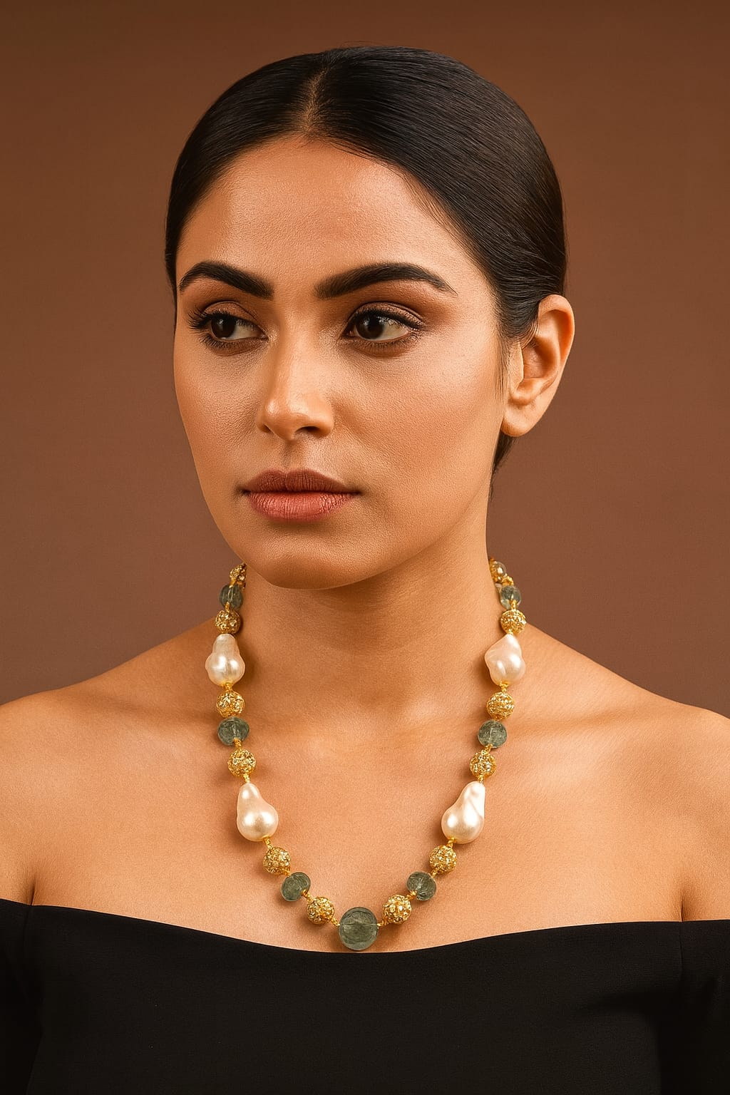 Handcrafted Baroque Pearl & Green Stone Mala For women