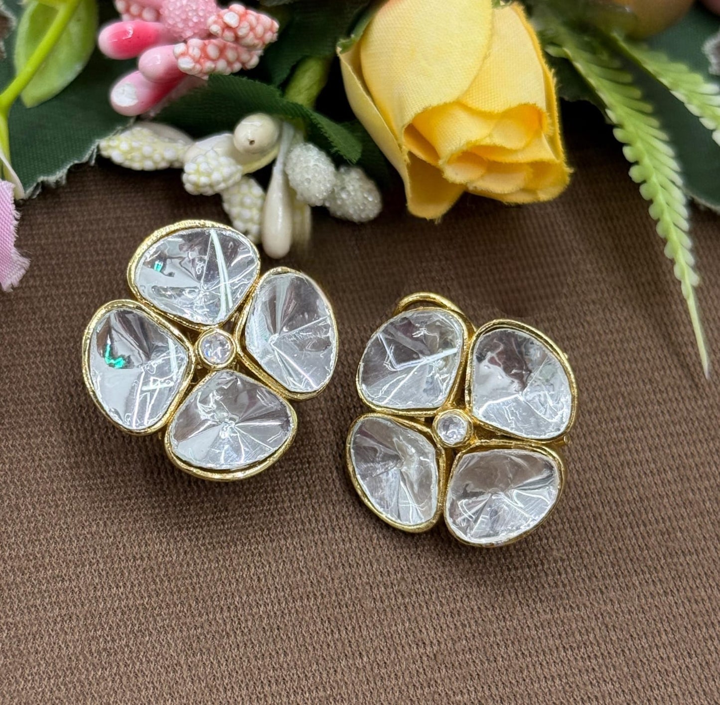 Uncut polki studs for women in gold polish for women