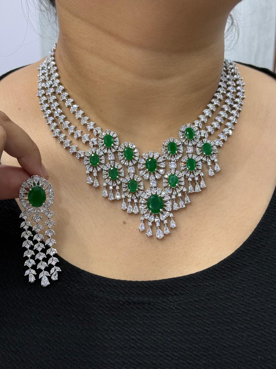 Beautiful CZ Necklace With Long Earrings In Emerald Green For Women