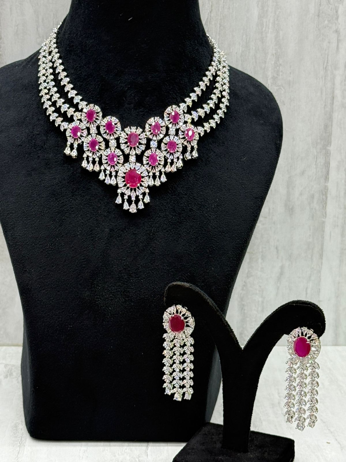 Beautiful CZ Necklace With Long Earrings In Ruby For Women