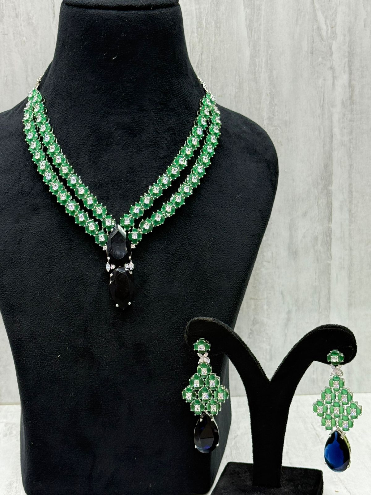 Beautiful CZ Necklace With Long Earrings In Emerald Green with Double Stone In Blue For Women