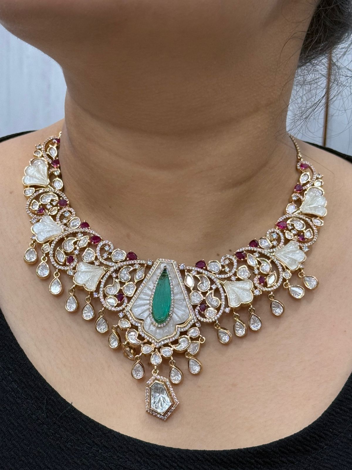 MOP With Mossanite Necklace With Kemp Stones For Women