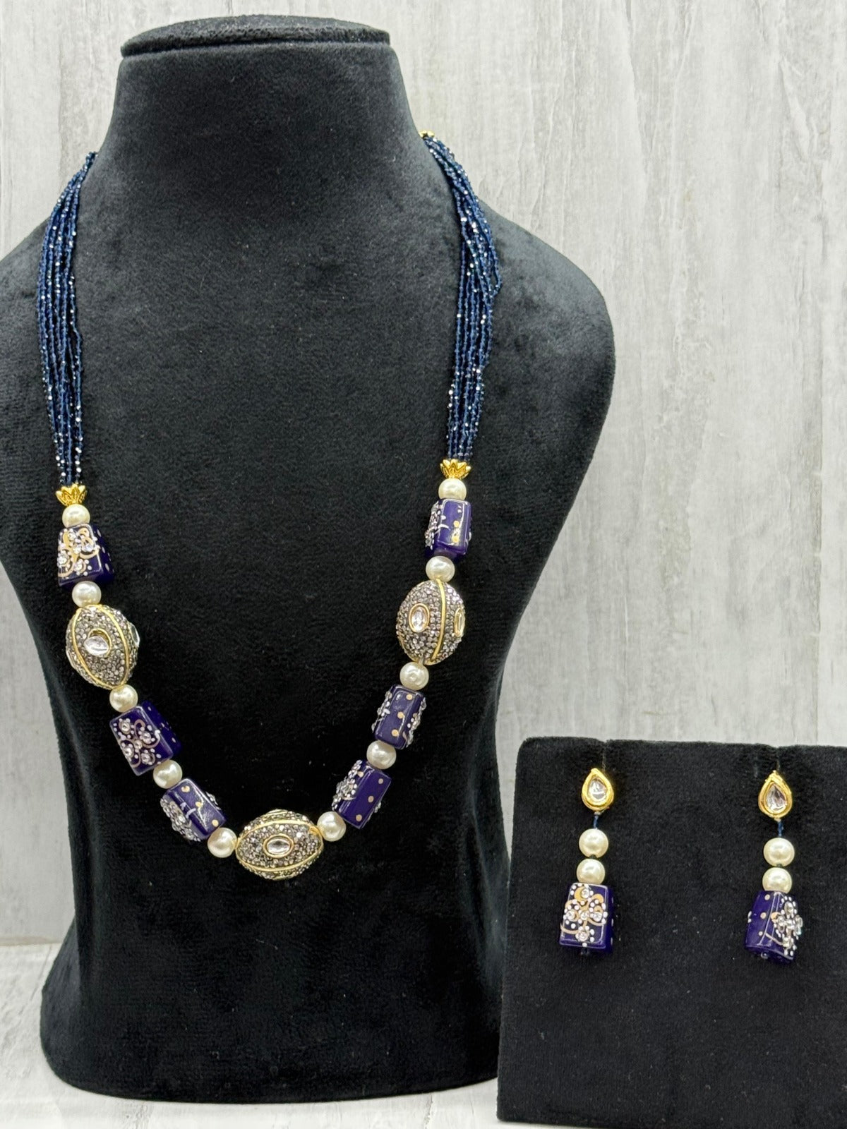 tanjore with tumbles beading mala in blue for woman