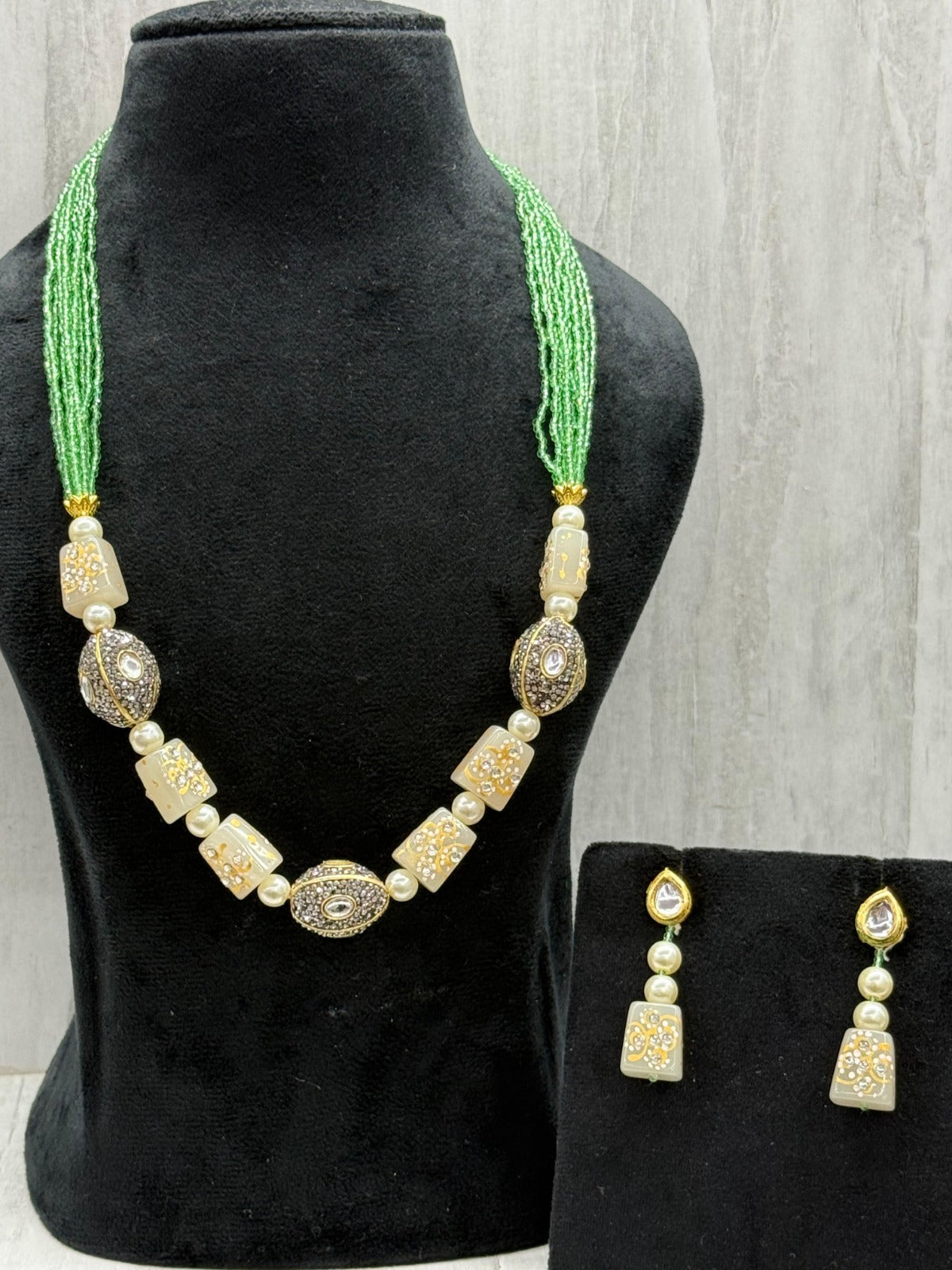 tanjore with tumbles beading mala in mint for woman