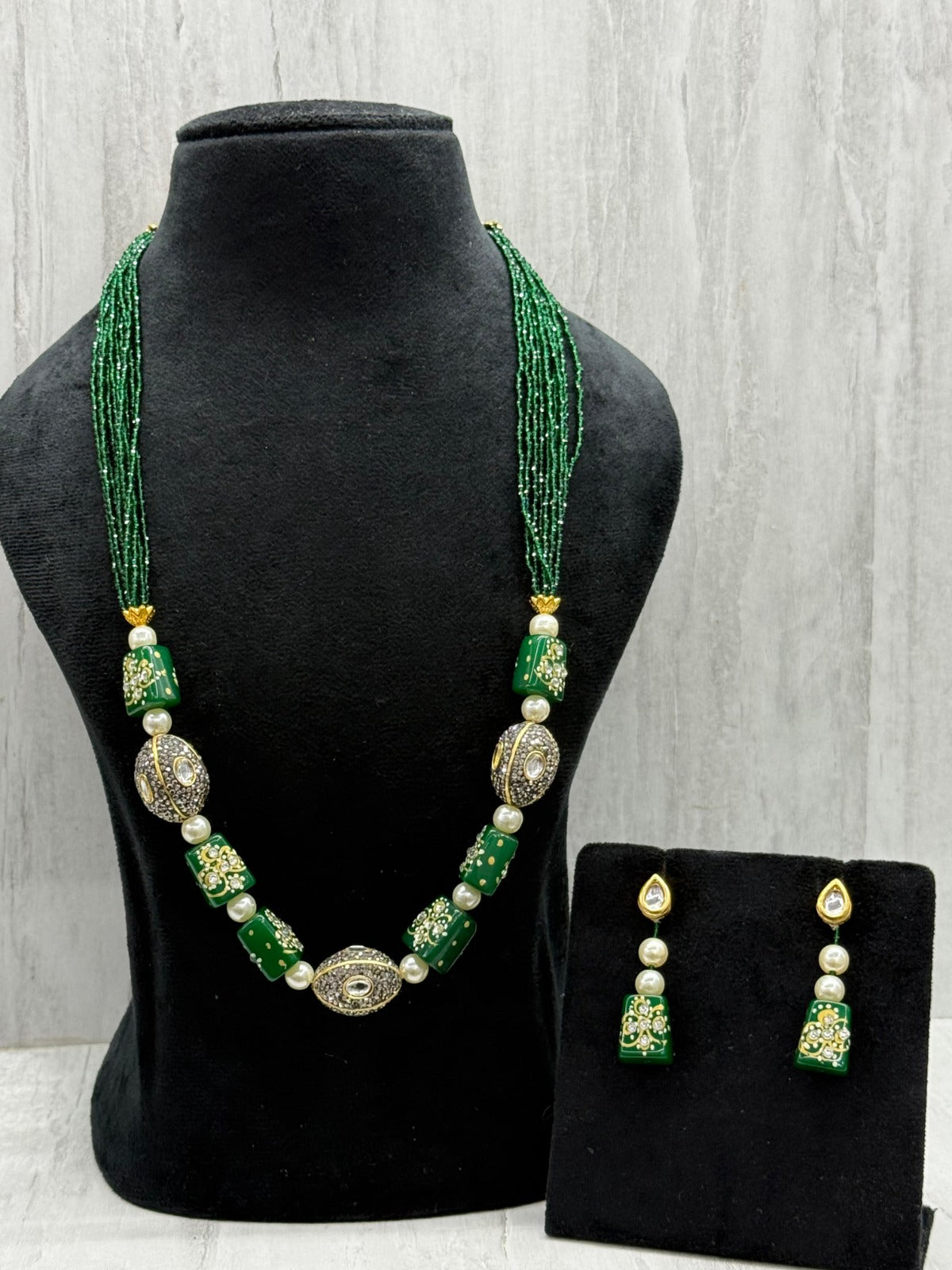 tanjore with tumbles beading mala in green for woman