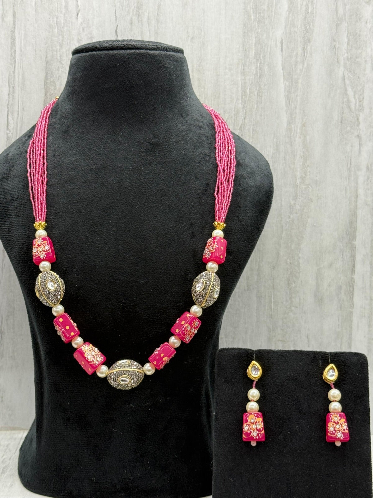 tanjore with tumbles beading mala in pink for woman